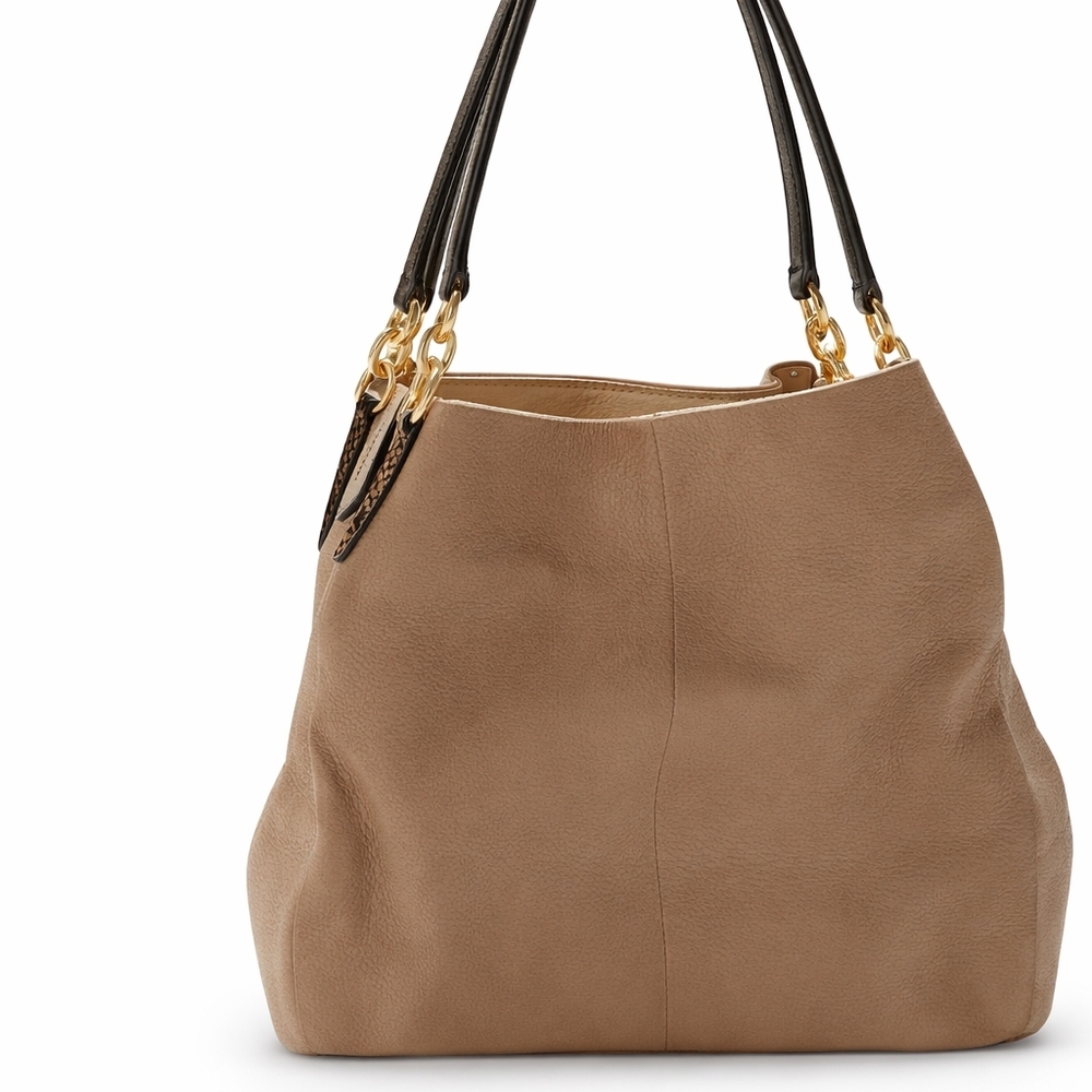 Coach Classic Taupe Leather Shoulder Bag with Black Handles - Picture 2 of 11